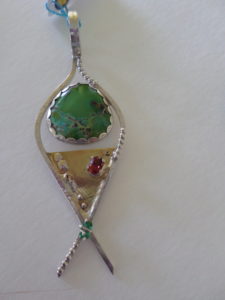 1752 Sterling, Brass, Garnet, Emerald Pendant